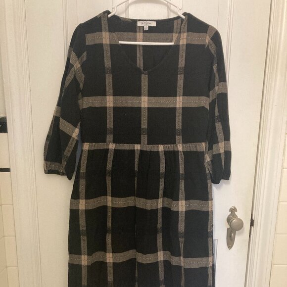Polagram Black Tan Plaid Embroidered Puff 3/4 Sleeve Modest Midi Dress - Picture 1 of 7